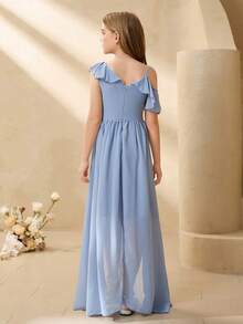 SHEIN 少女纯色荷叶边不对称领派对连衣裙 - 藍色 - 查看 2