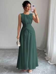 Elenzga Vestido Longo Vintage Elegante de Chiffon Romântico Casual Feminino, Adequado para Praia, Chá da Tarde, Festa, Trabalho, Sem Mangas, Gola Redonda, Cintura com Cordão, Costas Plissadas, Forro, Primavera/Verão - Verde Escuro - Visão 7