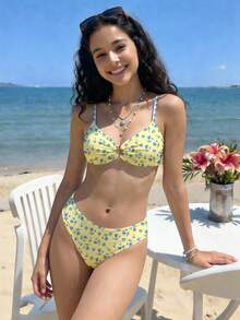 少女休闲简约修身吊带背心和比基尼泳装套装，适合夏季穿着 - 彩色 - 查看 3