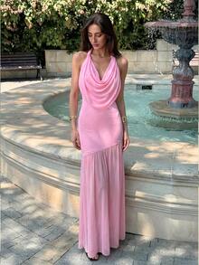 Aloruh 女士新款优雅垂褶领粉色长裙/钩针编织吊带裙/性感露背连衣裙/浪漫婚礼季/海滩度假/派对礼服/夏日连衣裙 - 粉色 - 查看 1