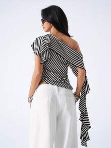 LYSMO 女士时尚不对称领条纹衬衫，夏季 - 黑與白 - 查看 2
