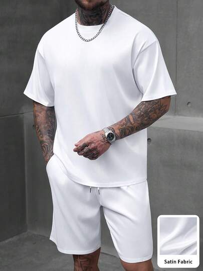 SLATEMANN Men's Solid Color Round Neck Short Sleeve T-Shirt And Drawstring Waist Pocket Shorts Casual Daily Outfit Men White Short Set Mens White Casual Outfit Men White 2 Piece Set Mens 2 Piece Outfits White Satin Fabric Men Set Streetwear Old Money,Daily Leisure, Weekend Trips, Outdoor Activities, Travel Expeditions, Relaxed Work Environments Or Semi-Formal Occasions, Boyfriend/Husband Gift, Anniversary /Birthday Gift Party Summer Vacation Holiday,Wedding,Spring To Summer