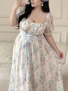 Vibekara 大码法式度假风印花系腰连衣裙，春夏款 - 藍白色 - 查看 3