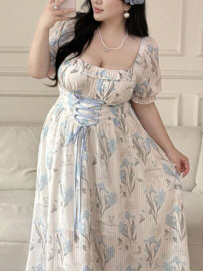 Vibekara 大码法式度假风印花系腰连衣裙，春夏款