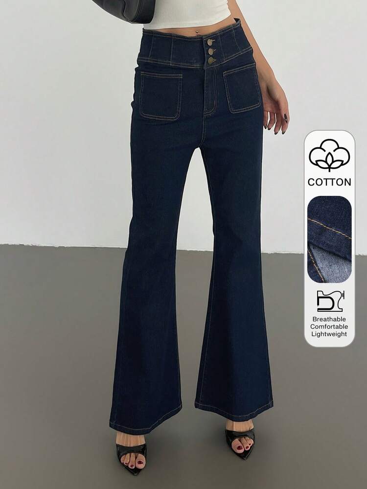 Women's Cotton Solid Color Waist Cinched Flare Jeans, Suitable For Spring And Summer Y2k