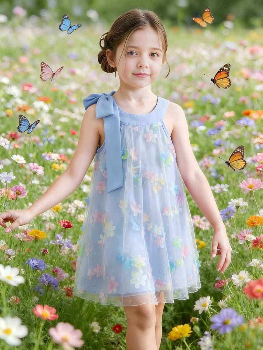 SHEIN Vintaside Kids Toddler Girls' Elegant, Sweet & Cute 3D Heart Mesh Halter Neck Sleeveless A-Line Casual Dress, Suitable For Holidays, Parties, Birthdays, Vacations, Spring/Summer - Multicolor - View 1