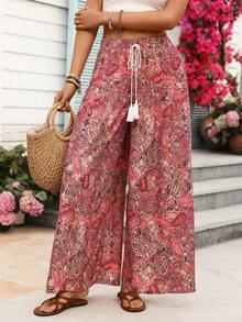 SHEIN Holidaya Women's New Pink Tone Retro Floral Print Wide-Leg Pants - Elastic Waist Drawstring Tassel + Ruffled Hem, Bohemian Vacation Style / Daily Casual High-Waist Drapey Trousers - Multicolor - View 4