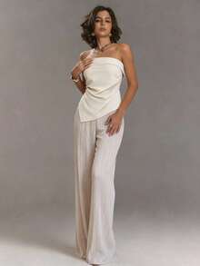 Aloruh Bộ 2 món áo sơ mi ôm sát xếp ly tối giản màu mơ + quần ống rộng xếp ly dài thêm cho nữ, thích hợp mặc đi làm và đi làm - Màu be - Xem 3