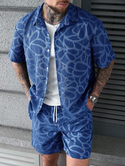 SLATEMANN Men's Summer Casual Vacation Floral Print Short Sleeve Shirt And Drawstring Waist Shorts Set