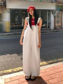 DAZY 女士及女孩休闲水洗牛仔宽松直筒背带连体裤 - 白色 - 查看 5