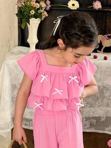 LMoss Kids Young Girl Elegant Ruffled Collar Cap Sleeve Top And Straight Leg Pants Set, Pink, Spring/Summer - Pink - View 5
