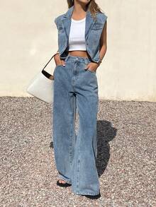 DAZY Bộ đồ nữ gồm áo gile denim có cổ và quần jeans ống đứng dáng rộng, trang phục denim bạc màu thường ngày. - Rửa nhẹ - Xem 5