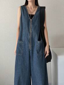 FRIFUL Bộ áo liền quần denim ống rộng hai túi phía trước dành cho nữ - Màu xanh lam - Xem 2