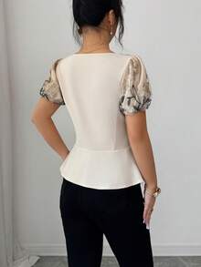 SHEIN Clasi Women's Beige Summer Elegant Tea Party Square Neck Rose Flower Embroidery Mesh Patchwork Ruffle Fit And Flare Regular Short Sleeve Blouse,Apricot - Apricot - View 2