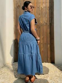 Dazy Plus Vestido vaquero de manga corta con cintura ceñida, de estilo retro lavado azul con cuello de solapa y apertura frontal, para primavera/verano - Azul lavado medio - Ver 8