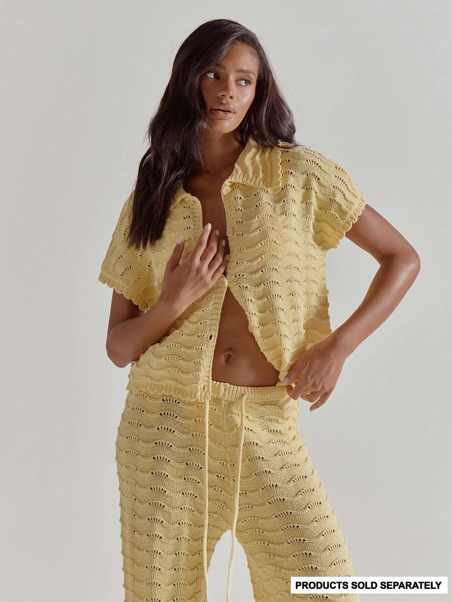 MUSERA Collar Detail Button Through Boxy Loose Fit Wavy Crochet Scallop Hem Top Coord Only Cute Beach Coverup Summer Spring Holiday Swim Knit - Yellow - View 1