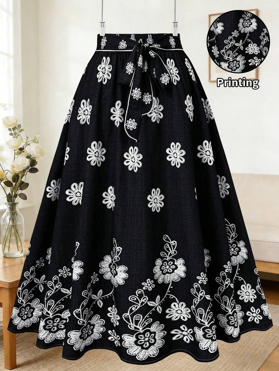 Franclia 大码女士优雅印花A字裙，休闲法式长裙，黑色长裙，优雅长裙，哥特式长裙，印花长裙，花卉图案长裙，黑白长裙，女士裙装，正式场合裙装，女士连衣裙裙，婚礼裙 - 黑色 - 查看 1