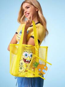 SpongeBob SquarePants | SHEIN 1 Cute Cartoon Character Pattern Mesh Tote Bag, Beach Bag, With Anti-Splashing Material Small Bag, Can Store Mobile Phones And Other Small Objects, Suitable For Commuting, Sports, Leisure, Outings, Suitable For Swimming, Large Capacity, Yellow - Yellow - View 3