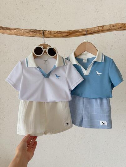 SHEIN 4pcs/Set Baby Boy Preppy Style Summer Cute Print Short Sleeve Polo Shirt, Casual Shorts, Plaid Pants Outfit Set, Suitable For Birthday Party, Rave, Evening Party, Performance, Wedding, Baby Shower, Christening, 1st Birthday Celebration, Wedding Guest, Baby Shower Christening Outfit