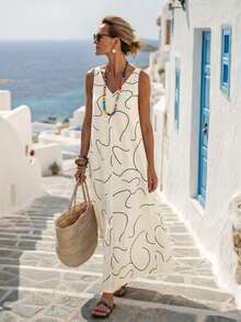 Breezaya Women's Linen Texture Abstract Line Loose Long Dress - Beige - View 6