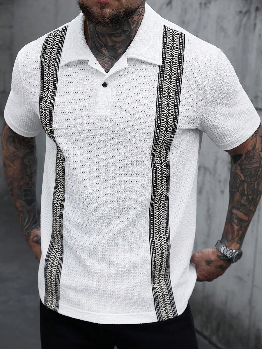 Manfinity CasualCool 男士纹理短袖 Polo 衫，通勤休闲轻薄复古上衣 - 白色 - 查看 1