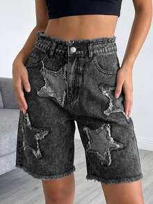 SHEIN ICON 女士带口袋纽扣拼接休闲牛仔短裤 - 黑色 - 查看 5