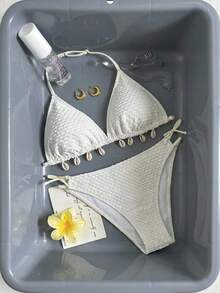 少女白色细肩带米色贝壳纹理比基尼套装，夏季沙滩露背细肩带三角泳衣套装，夏季沙滩泳装，夏季沙滩，假日 - 白色 - 查看 3