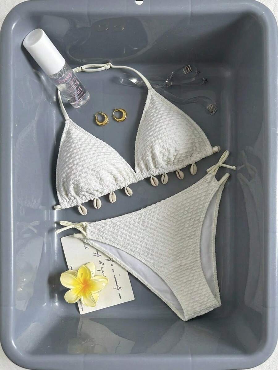 Teen Girls White Spaghetti Strap Beige Textured Shell Decor Bikini Set,Summer Beach Backless Triangle Swimwear Holiday - White - View 1