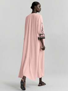 Ontre 2025新款女士夏季长裙，纯色，时尚，适合夏季穿着。黑色刺绣图案，波西米亚风格，喇叭袖，燕麦色宽松舒适长裙，V领，适合派对、度假、海岛度假村、音乐节等夏季场合。 - 粉色 - 查看 5