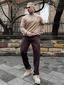 Artur Kramer Men's Casual Basic Letter Patched Pullover, Brown Sweatshirt, Fall - Brown - View 1