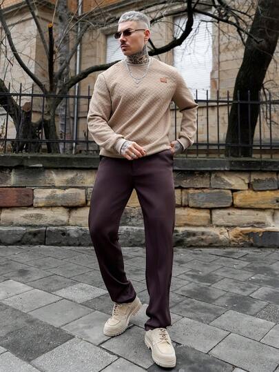 Artur Kramer 男士休闲基本款字母拼布套头衫，棕色运动衫，秋季