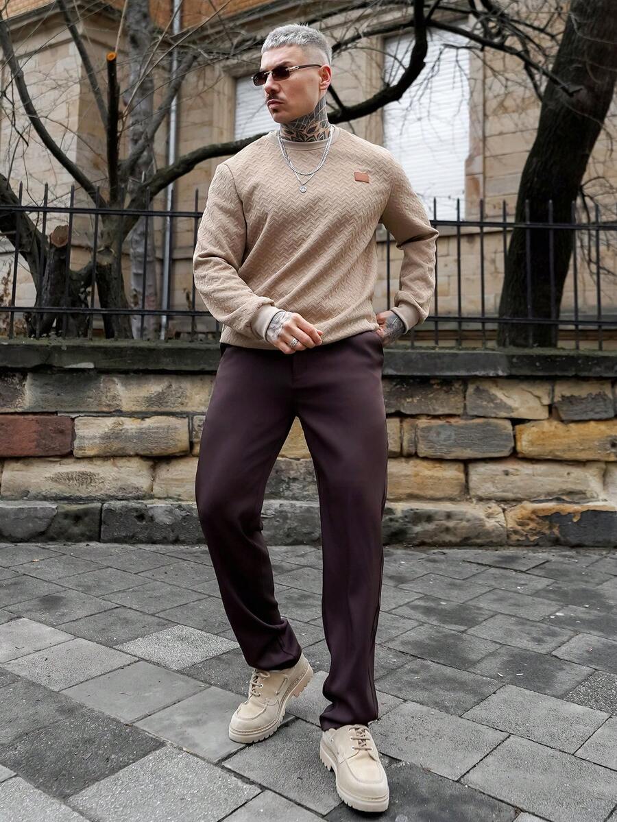 Artur Kramer Men's Casual Basic Letter Patched Pullover, Brown Sweatshirt, Fall - Brown - View 1