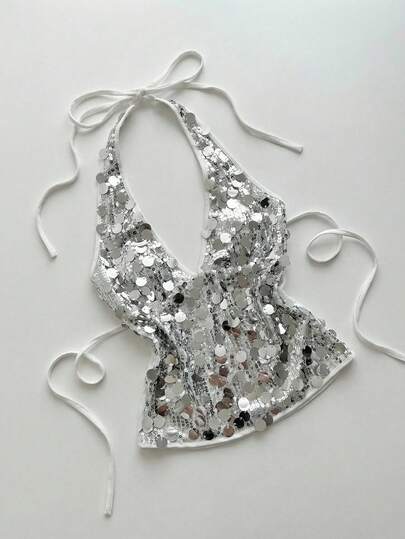 Elamini Women's Sexy Glamorous Halter Neck Deep V Backless Tie-Up Party Top Sequin Top Silver Sequin Top Halter Sequin Top Silver Top Women Sequins