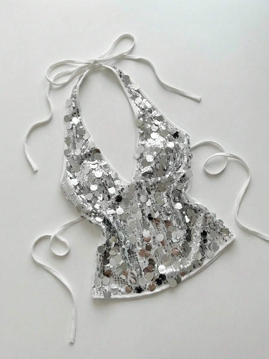 Elamini Áo dự tiệc gợi cảm, quyến rũ dành cho nữ, cổ yếm, cổ chữ V sâu, hở lưng, buộc dây. - Bạc - Xem 1