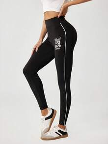 MONOPOLY X SHEIN 2pcs/Set Women's Letter Print Leggings - Black - View 3