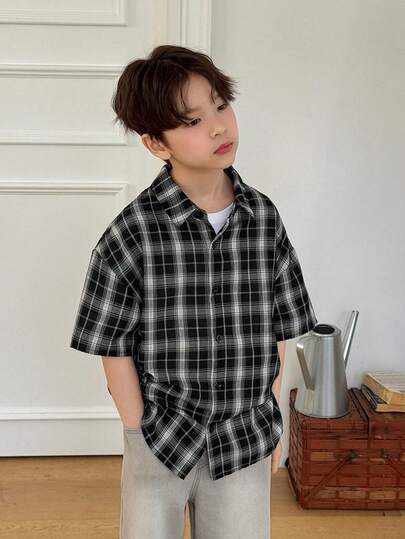 Dazy Kids 男童格子短袖单排扣休闲宽松衬衫
