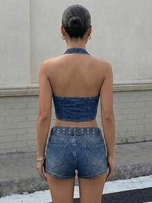 Muchica Áo croptop denim hở lưng cổ yếm gợi cảm dành cho nữ mùa hè - Rửa trung bình - Xem 2