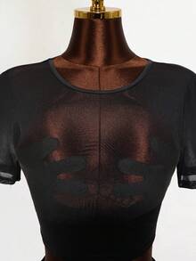 Mistrie Lady Sexy Net Fabric Transparent Embroidery T-Shirt - Black - View 6