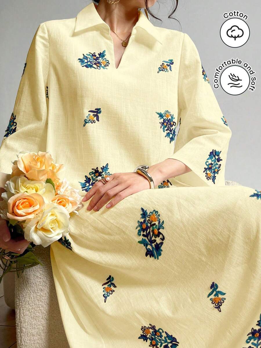 Modelyn 领口镂空刺绣休闲连衣裙 - 黃色 - 查看 1