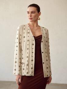 MOTF PREMIUM ELEGANT BEADED EMBROIDERED WOMEN'S THIN BLAZER - Apricot - View 4