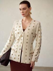 MOTF PREMIUM ELEGANT BEADED EMBROIDERED WOMEN'S THIN BLAZER - Apricot - View 7