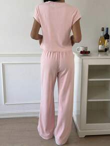 CovetEZ 珊瑚粉色针织女士家居服套装，简约休闲日常上衣和裤子 - 珊瑚粉 - 查看 2