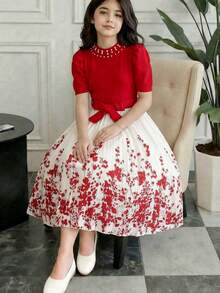 SHEIN Elladie kids 女童夏季新款立领珍珠装饰腰部松紧带印花褶皱下摆宽松公主裙 - 紅色 - 查看 1