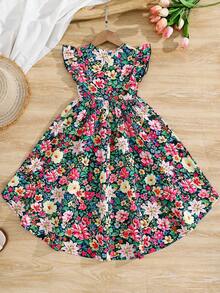 SHEIN 女童雪纺碎花圆领荷叶边下摆休闲连衣裙 - 彩色 - 查看 2