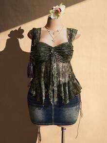 SHEIN ICON Áo tank top hai dây viền lưới xuyên thấu bất đối xứng dành cho nữ cỡ lớn, kiểu dáng thời trang dự tiệc, thích hợp cho kỳ nghỉ hè, mùa tốt nghiệp, tựu trường, phong cách Y2K. - Nhiều màu - Xem 10