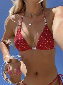 Swim Mod 女士复古红白波点印花双面比基尼上衣，串珠装饰，时尚休闲度假甜美可爱性感 - 紅白色 - 查看 1