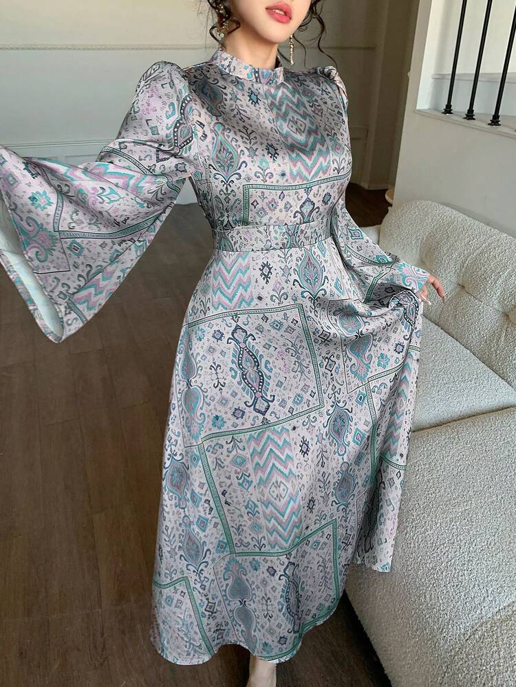 Women's Elegant Floral Print Stand Collar Petal Sleeve Tie-Waist Dress, Spring/Summer Sundress
