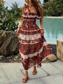 Livesso Vestido midi de gasa para mujer con estampado floral de todo el Body, estilo geométrico bohemio, contraste de colores, parches, volantes en el bajo, informal, para vacaciones y playa - Burdeos - Ver 3