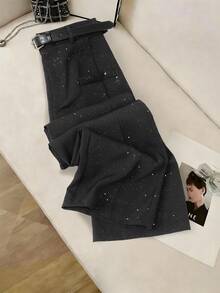 Franclia New Elegant Commuter Women's Straight Wide-Leg Pants With Gold Sequin Design, Casual Trousers With Belt Accessory, Black Gold Sequin Long Pants - Black - View 7