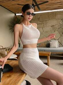 DAZY Women's Vacation Beach Hollow Out Knit Halter Neck Top And Skirt 2 Pieces Set - White - View 8